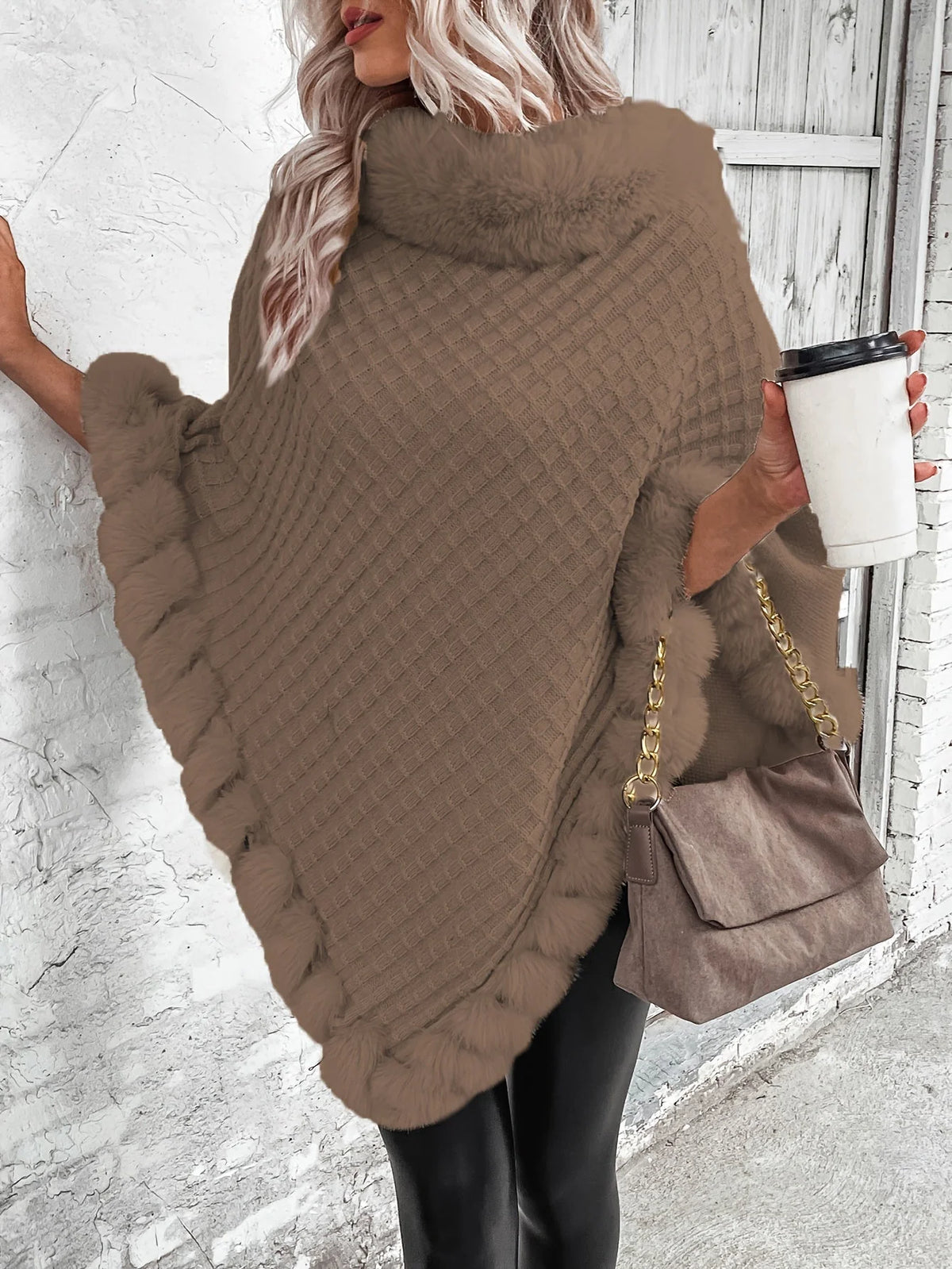 Women's Cozy Batwing Sleeve Turtleneck Poncho 2