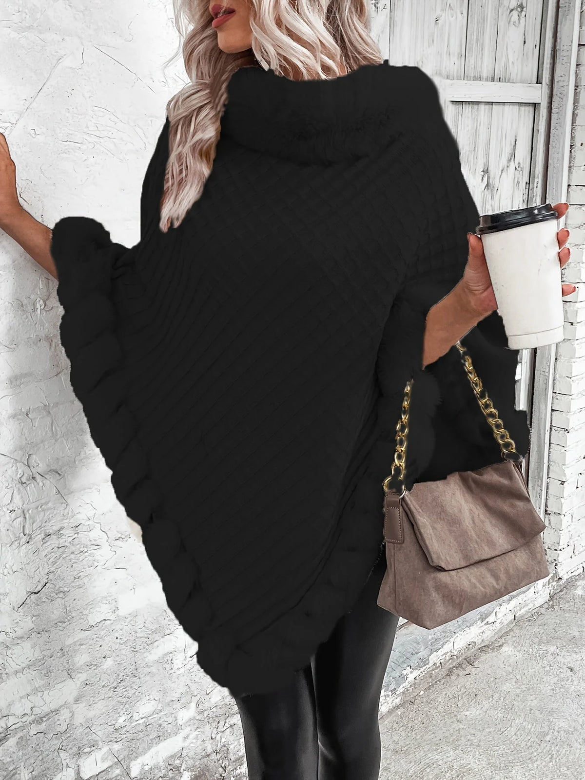 Women's Cozy Batwing Sleeve Turtleneck Poncho 5