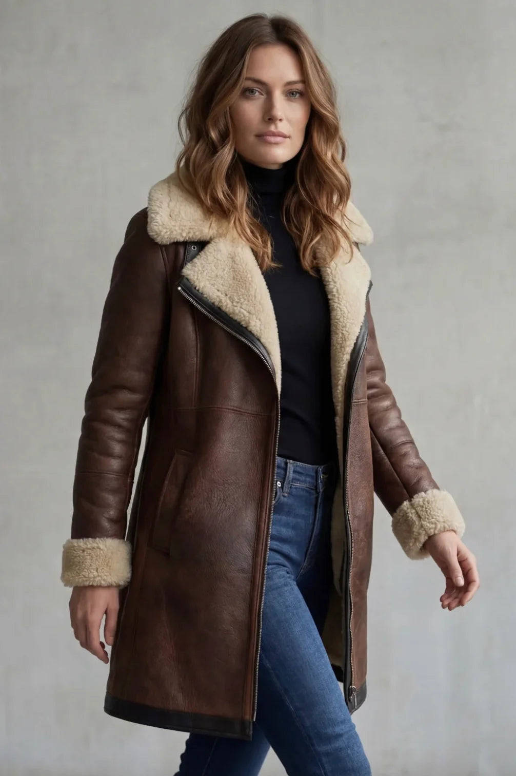 Women's Elegant Flattering Leather Winter Coat 1