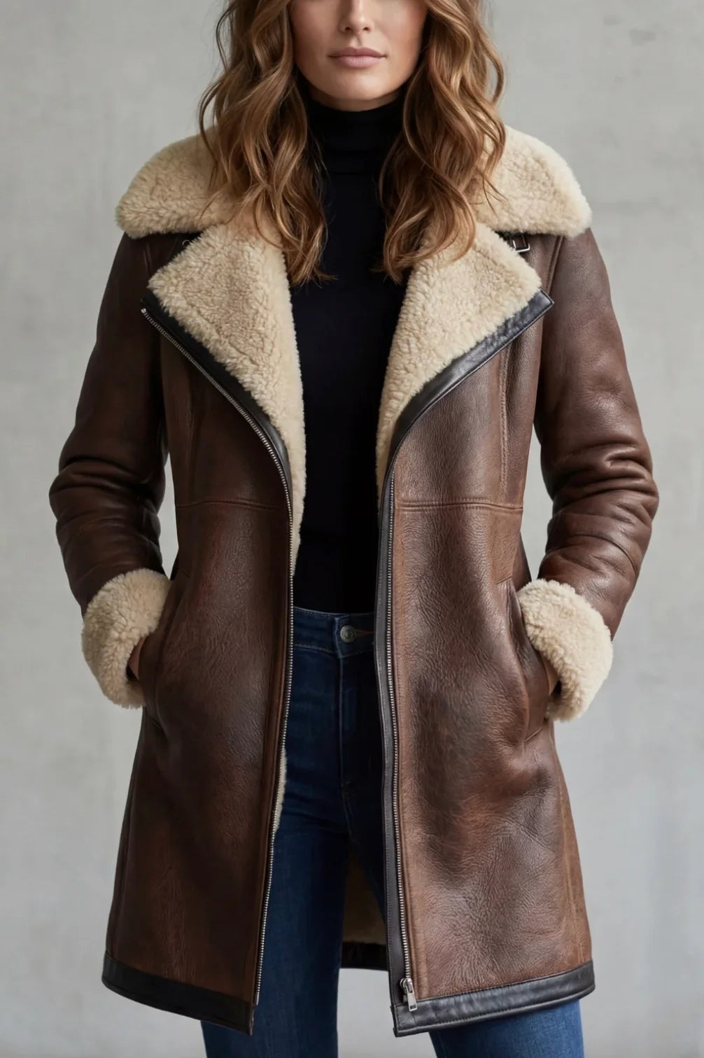 Women's Elegant Flattering Leather Winter Coat 3
