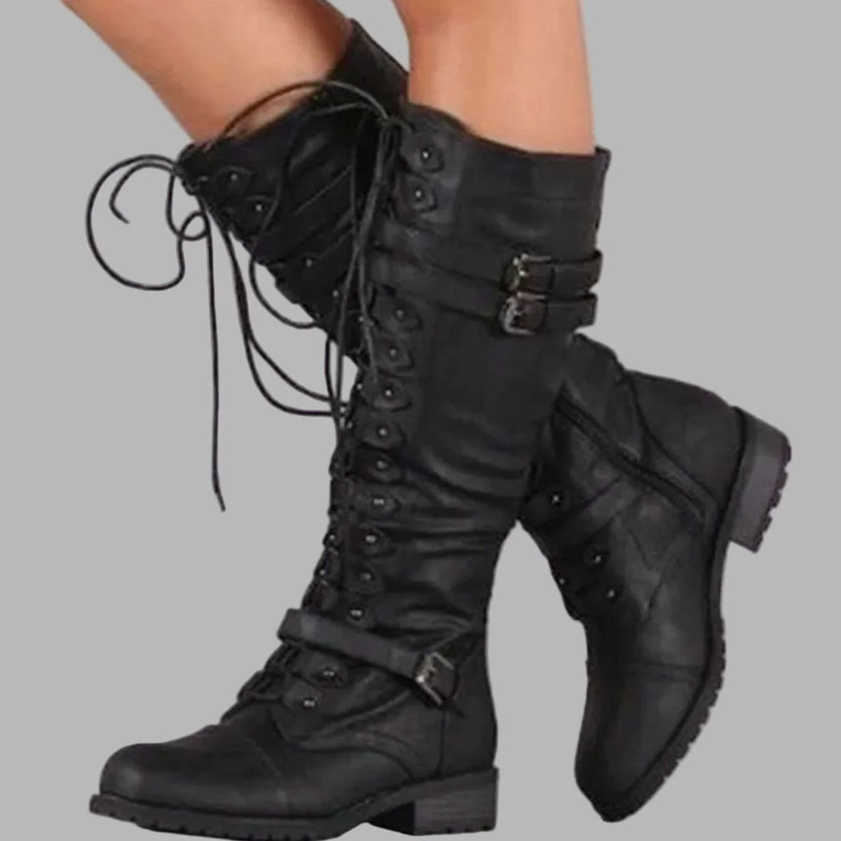Women's Knee-High Lace-Up Double Buckle Black Boots 0