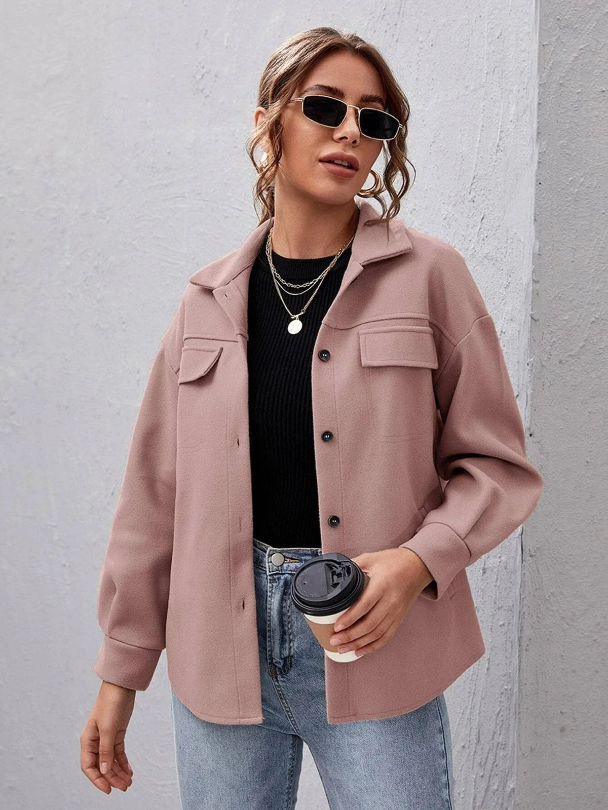 Women's Oversized Button-Up Shirt Collar Shacket 0