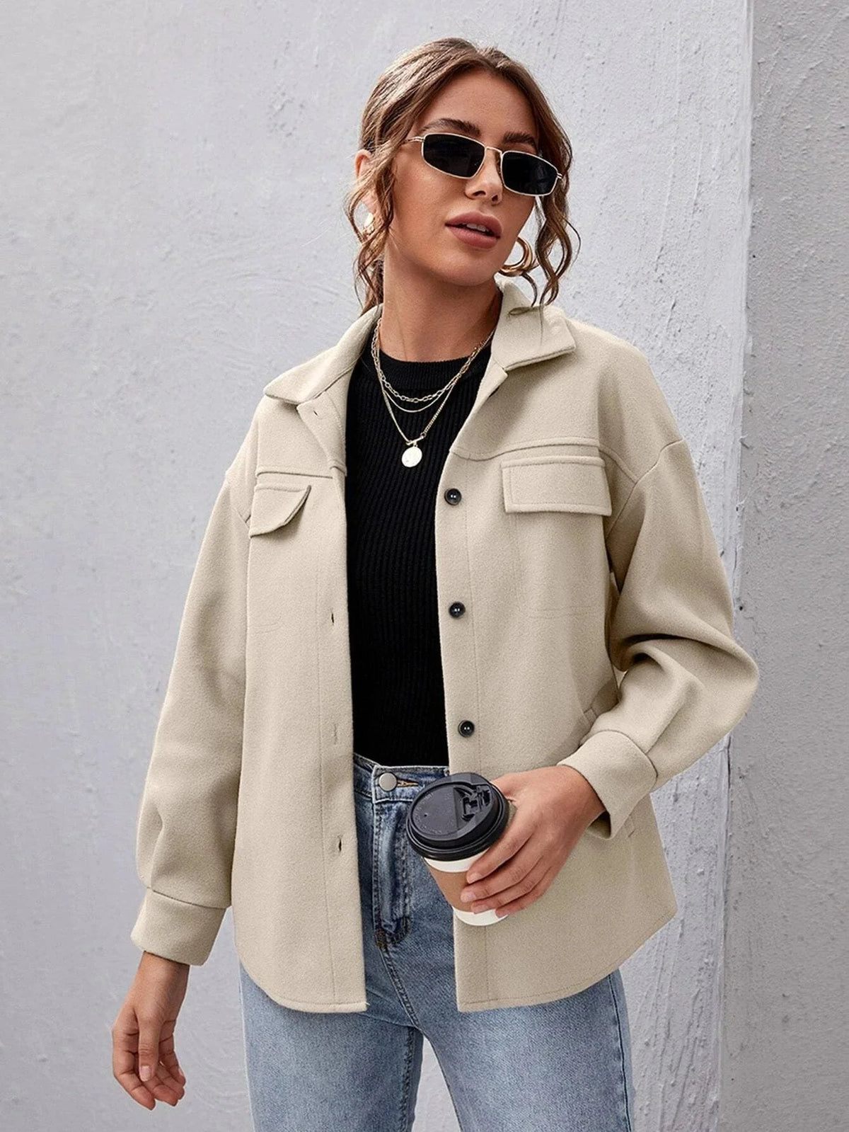 Women's Oversized Button-Up Shirt Collar Shacket 1
