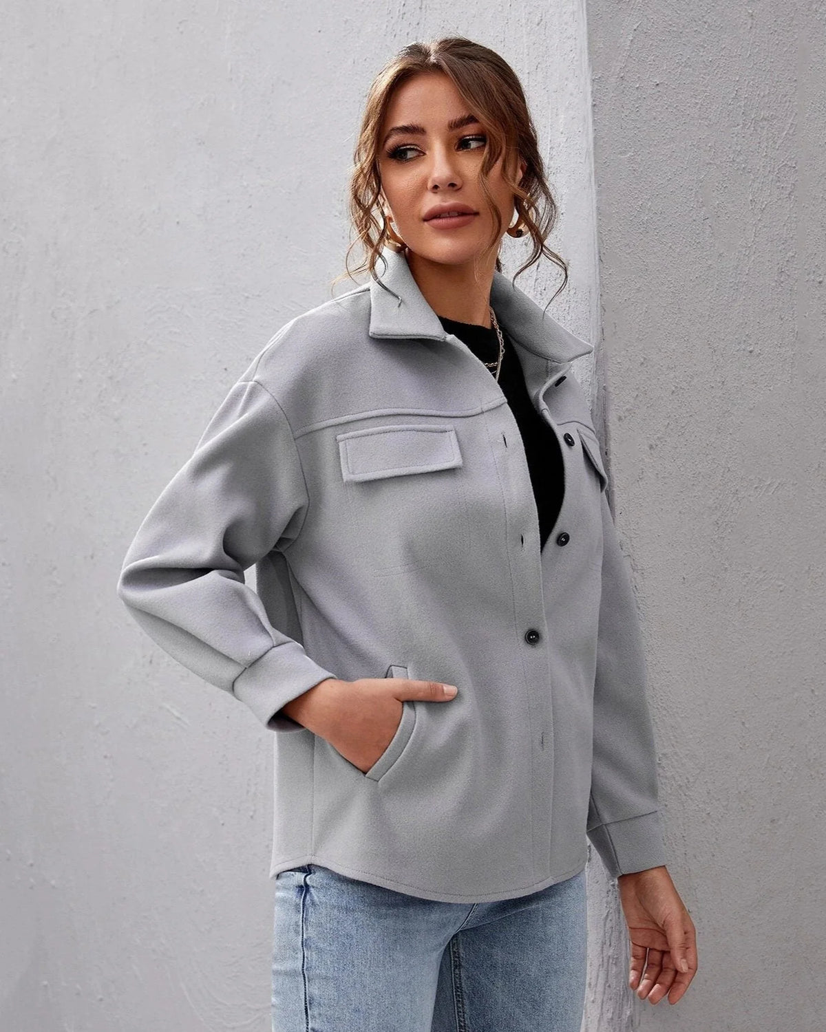 Women's Oversized Button-Up Shirt Collar Shacket 2