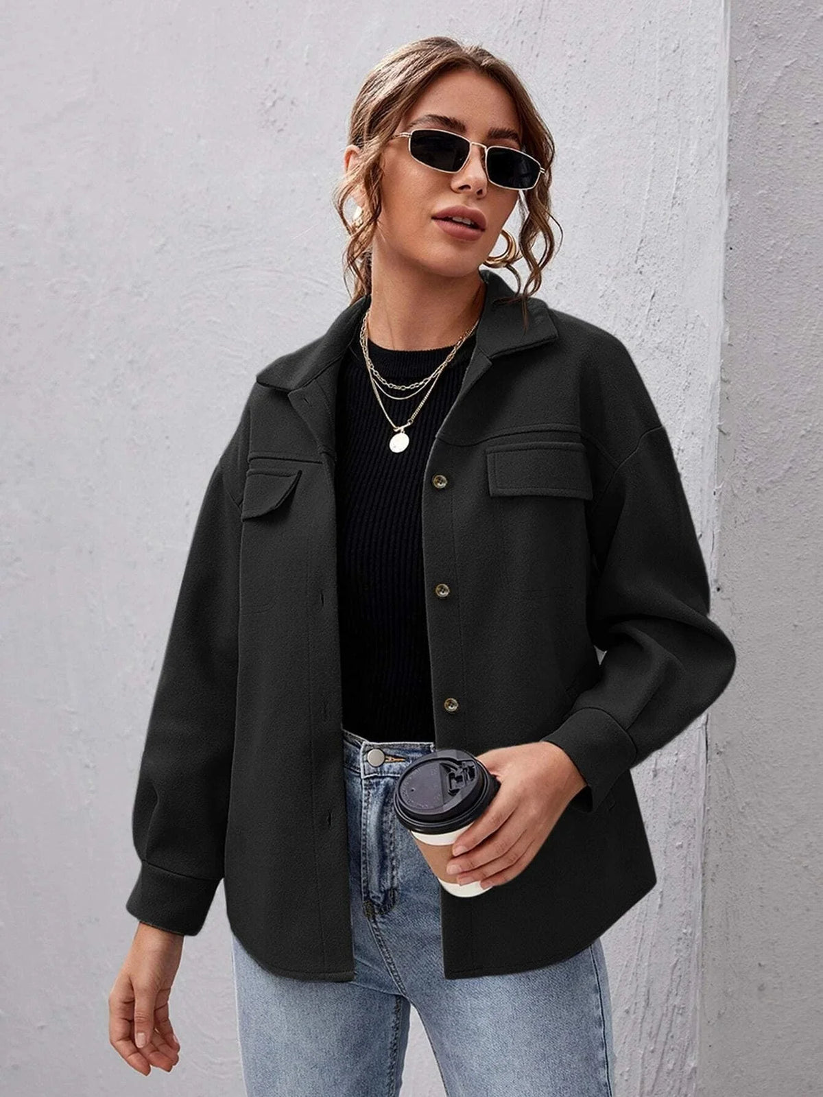 Women's Oversized Button-Up Shirt Collar Shacket 3