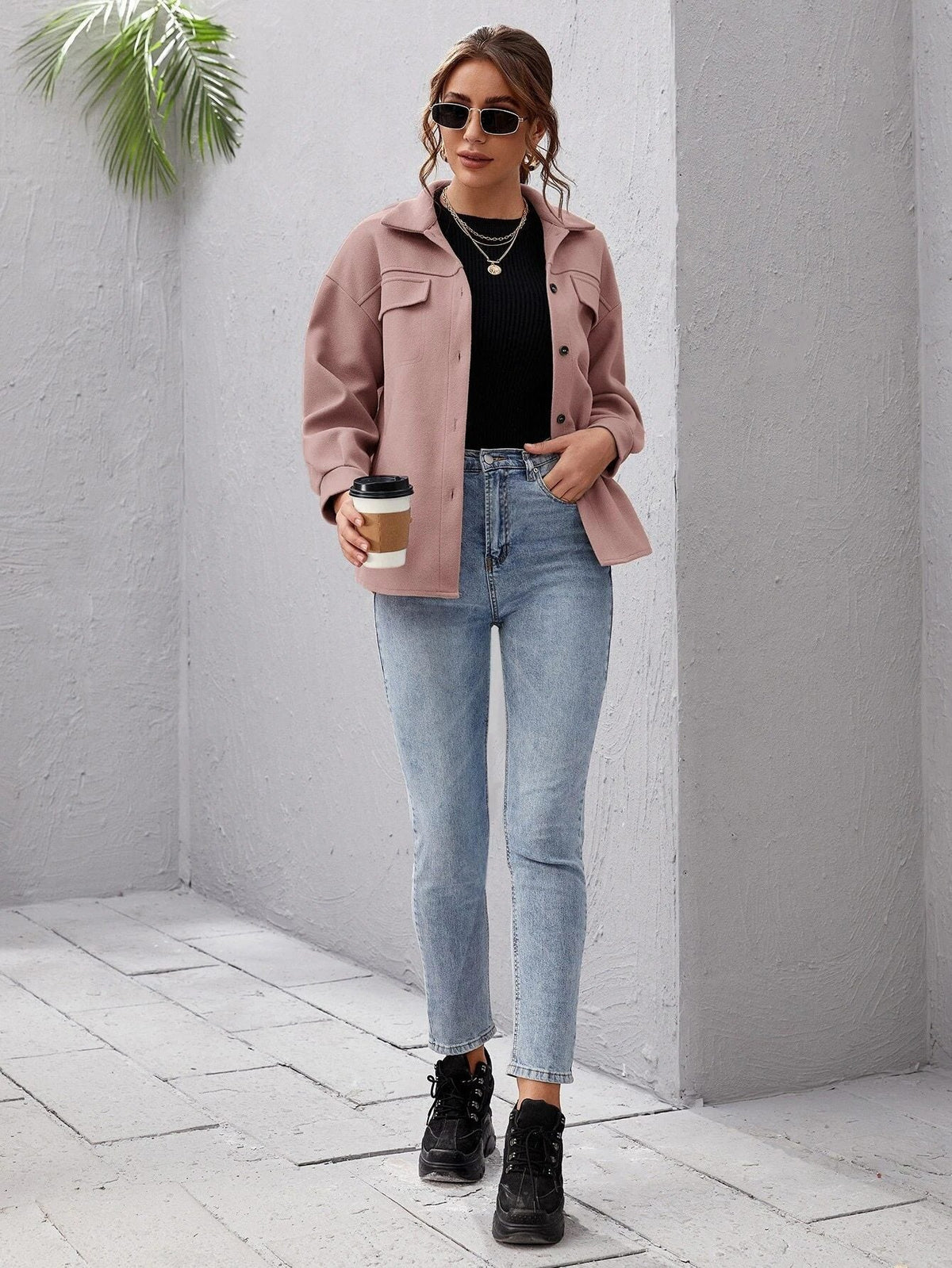 Women's Oversized Button-Up Shirt Collar Shacket 8