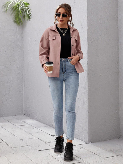 Women's Oversized Button-Up Shirt Collar Shacket 8