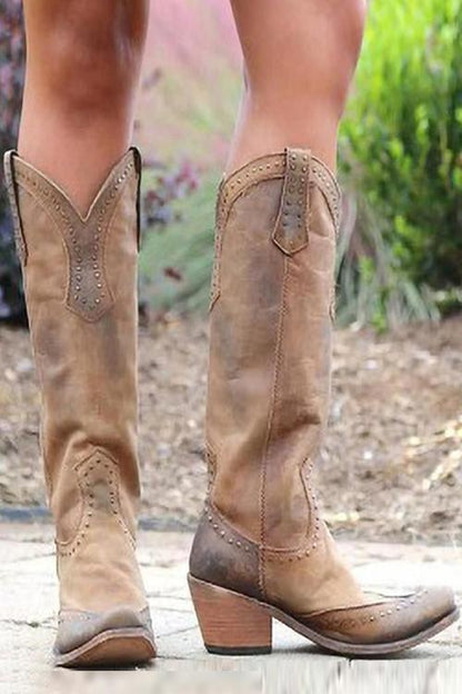 Women's Stylish Pointed Toe Block Heel Cowgirl Boots 1